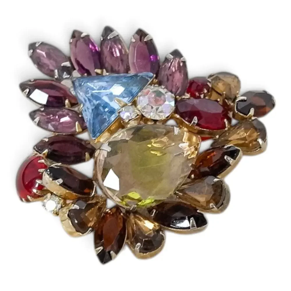 Vintage Juliana Fruit Salad Brooch Multicolor Rhinestone Navette Gold Tone